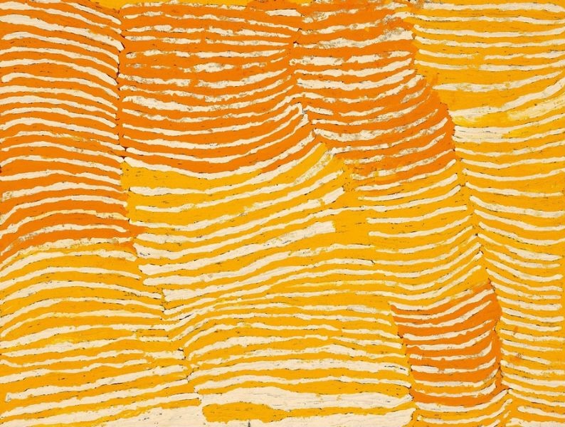 The Rockhole Site of Lupulnga by Makinti Napanangka, 2005, synthetic polymer paint on linen, 122 × 91 cm.
