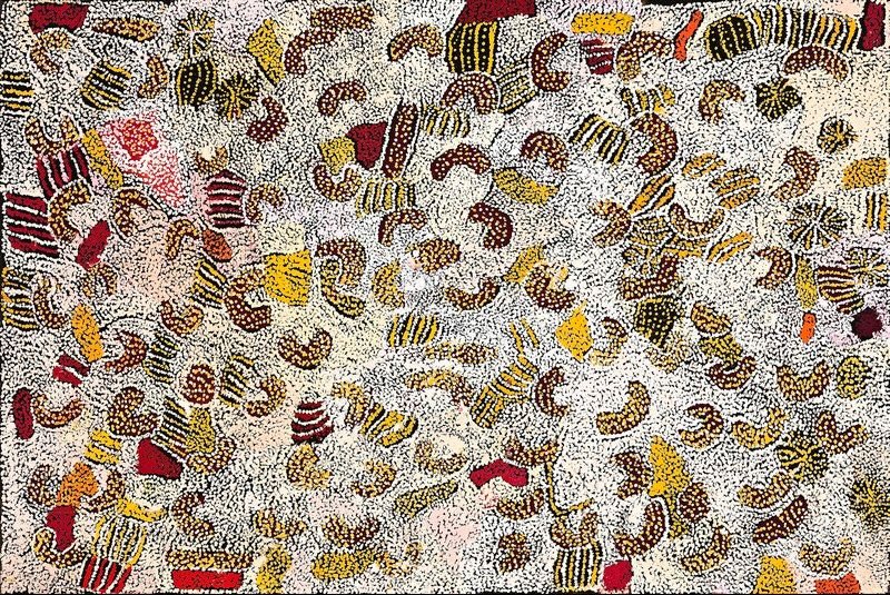 Parwalla (2005) by Elizabeth Nyumi, synthetic polymer paint on linen in white, cream, pale pink, ochre, yellow, gold, orange, red, burgundy, olive green, brown and black depicting the sandhills, spinifex and bush food Country of Parwalla in the Great Sandy Desert.