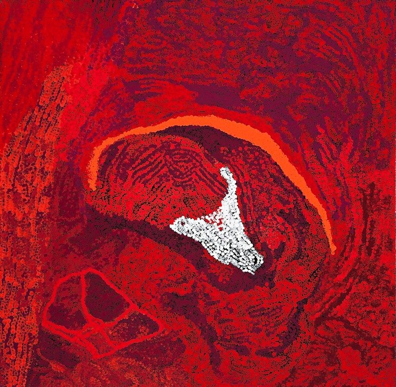 Pukara (2011) by Tommy Watson, synthetic polymer paint on linen featuring luminous crimson, burgundy, orange and white abstract forms surrounding a central sacred site.
