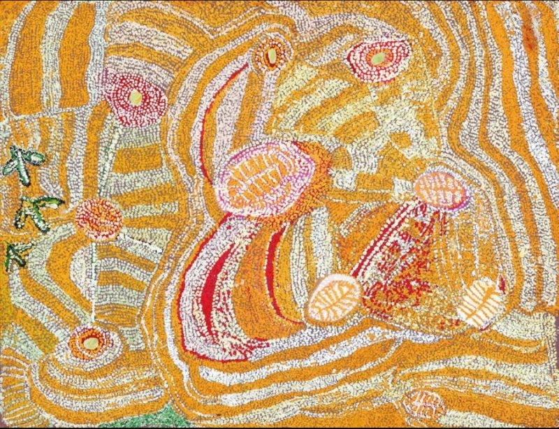 Pingkarri, Canning Stock Route (1990) by Eubena Nampitjin depicting the Pingkarri waterhole and bush turkey ancestral tracks near the Canning Stock Route.