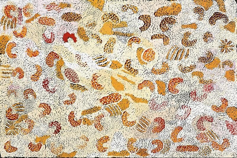 Parwalla (2008) by Elizabeth Nyumi, synthetic polymer paint on linen in white, cream, pale ochre, yellow, gold, orange, rust, red, burgundy, brown, black and grey depicting the sandhills, spinifex and bush food Country of Parwalla in the Great Sandy Desert.
