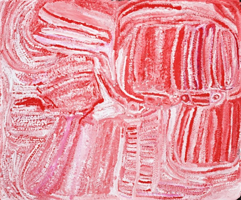 Kinyu by Eubena Nampitjin featuring sweeping pink, crimson and white sandhill forms surrounding linked rockholes, painted in an expressive gestural Balgo style.