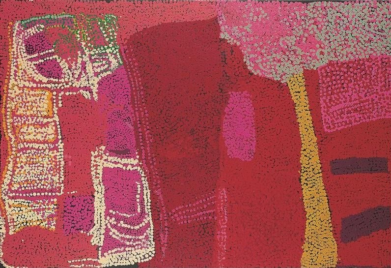 Wangkamarl (2003) by Tommy Watson, synthetic polymer paint on linen featuring layered fields of crimson, pink, purple and ochre with intricate dotted passages representing Wangkamarl Country.