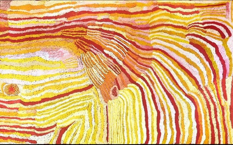 Parwalla (2007) by Elizabeth Nyumi, synthetic polymer paint on Belgian linen in white, cream, pale pink, yellow, ochre, orange, red and burgundy depicting sweeping sandhills, spinifex and the ancestral Country of Parwalla in the Great Sandy Desert.