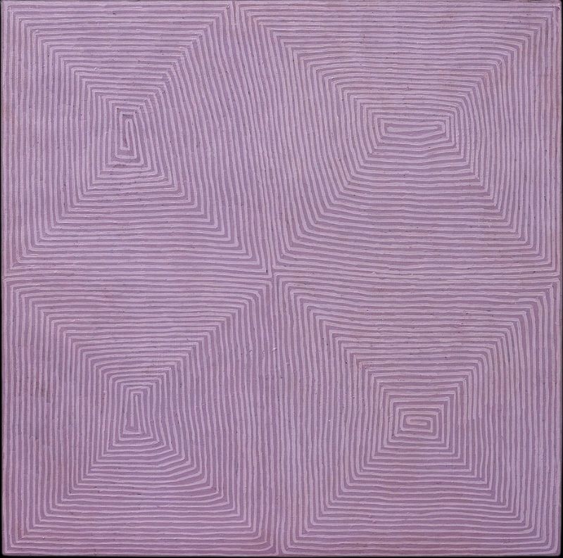 George Tjungurrayi Tjangimanta 2004 Papunya Tula painting with four pale lavender geometric Tingari sites formed by fine purple-brown parallel lines