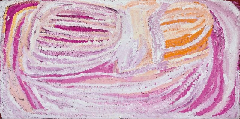 Kinyu by Eubena Nampitjin featuring sweeping bands of soft pink, lilac, cream and orange surrounding the Midjul soakwater, painted in her expressive late Balgo style.