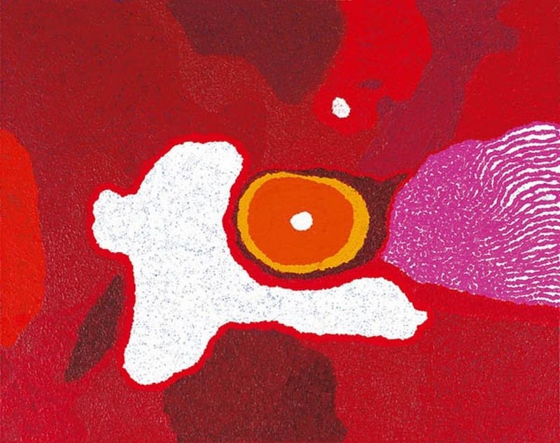 Kuuti Kurunpa (Life Force Spirit) (2012) by Tommy Watson, synthetic polymer paint on linen featuring bold crimson, white, orange and violet abstract forms representing the life force spirit of Country.