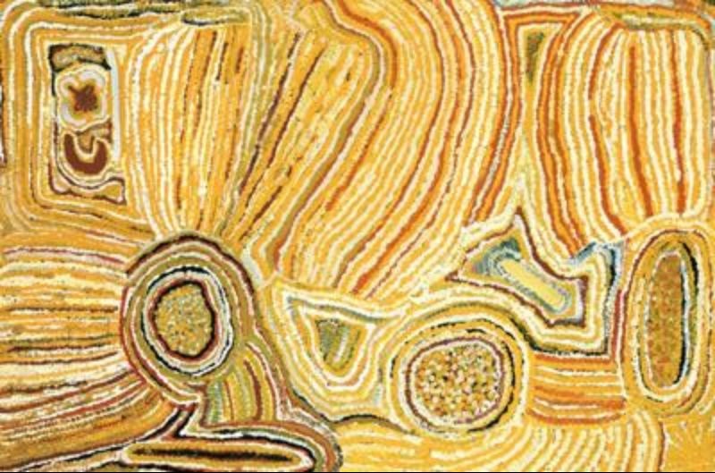 Food Gathering at Wirripi (1997) by Elizabeth Nyumi, synthetic polymer on Belgian linen depicting sandhills, bush food sites and gathering places in the Great Sandy Desert.