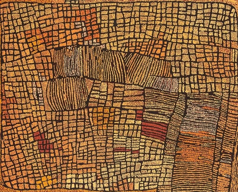 Naata Nungurrayi painting Marrapinti (2004), featuring a dense network of ochre and cream ceremonial pathways surrounding striped sandhill formations in a richly textured Western Desert composition.