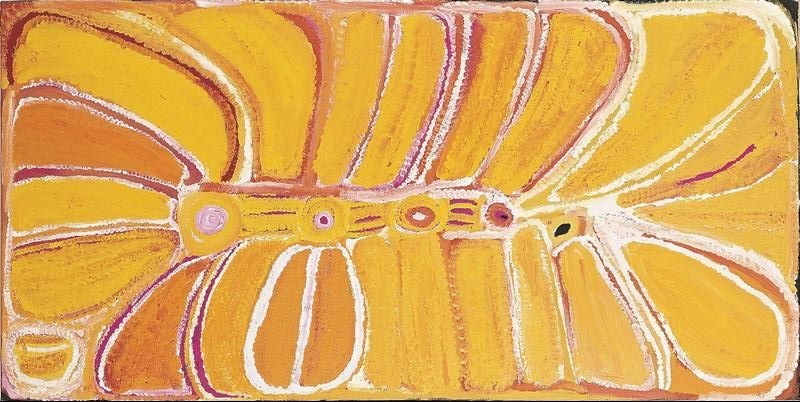Canning Stock Route by Eubena Nampitjin showing golden yellow and ochre sandhill forms, linked waterholes and white dotted contours in the Balgo painting style.