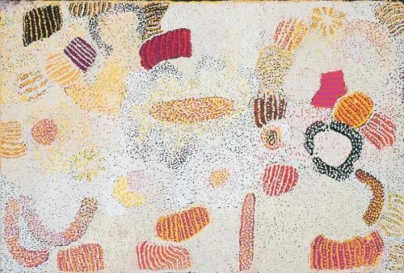 Parwalla (2002) by Elizabeth Nyumi, synthetic polymer paint on linen in white, cream, pale ochre, orange, red, magenta, pink, mauve, grey and black depicting the sandhills, spinifex and bush food Country of Parwalla in the Great Sandy Desert.