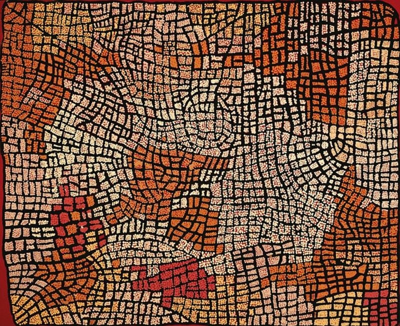 Naata Nungurrayi painting Marrapinti (2003), featuring a dense network of cream, ochre and red dotted ceremonial pathways across a black ground representing the Marrapinti landscape in Pintupi Country.