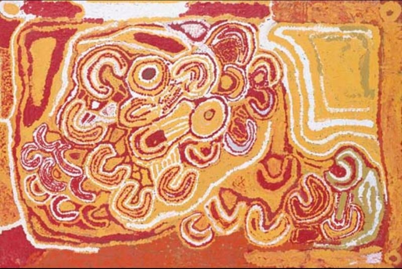 Ikara, Canning Stock Route in the Great Sandy Desert by Eubena Nampitjin, 1996 acrylic painting from Balgo, Western Australia.