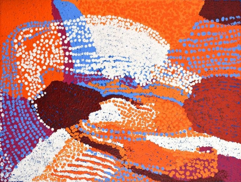 Untitled (2014) by Tommy Watson, synthetic polymer paint on Belgian linen featuring vibrant orange, white, pale blue and crimson abstract forms representing Western Desert Country.