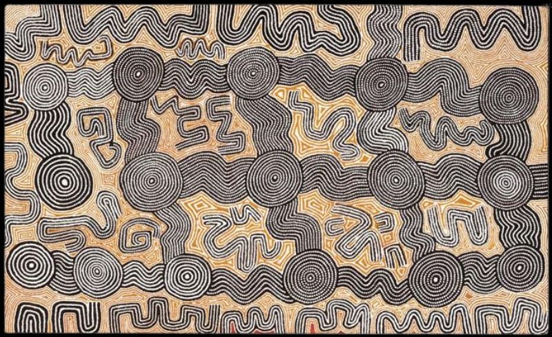 Two Boys at Marrawa by Warlimpirrnga Tjapaltjarri, 1991, synthetic polymer paint on Belgian linen depicting the Tingari Cycle with concentric circles, sinuous pathways and ceremonial designs.
