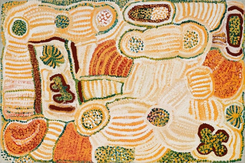 Parwalla (1999) by Elizabeth Nyumi, synthetic polymer paint on linen depicting the sweeping sandhills, bush food sites and ancestral Country of Parwalla in the Great Sandy Desert.