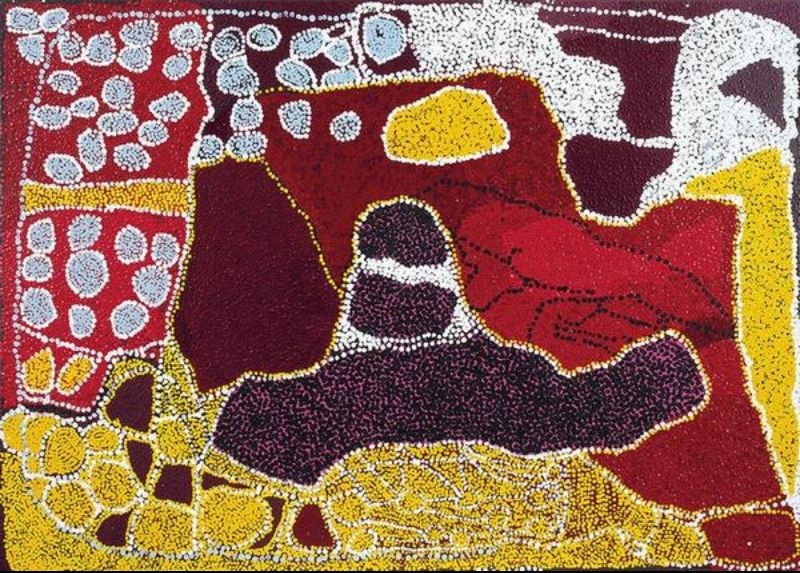 Ngaynku Ngura (2005) by Tommy Watson, synthetic polymer paint on Belgian linen featuring deep maroon, crimson, ochre, white and grey abstract forms representing the artist's ancestral Country.