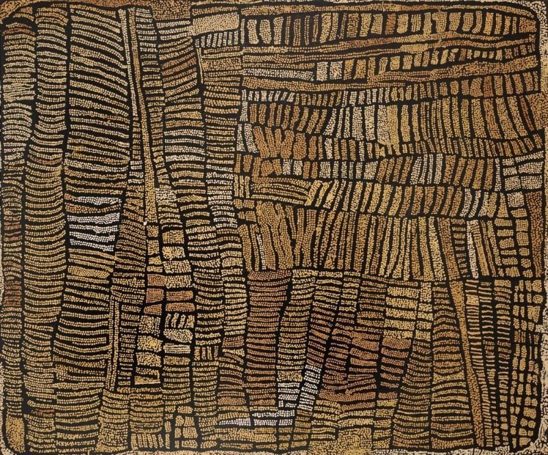 Naata Nungurrayi painting Untitled (Marrapinti) (2003), featuring monumental striped sandhill forms in ochre, cream and black surrounding intricate ceremonial pathways in a richly textured abstract composition.