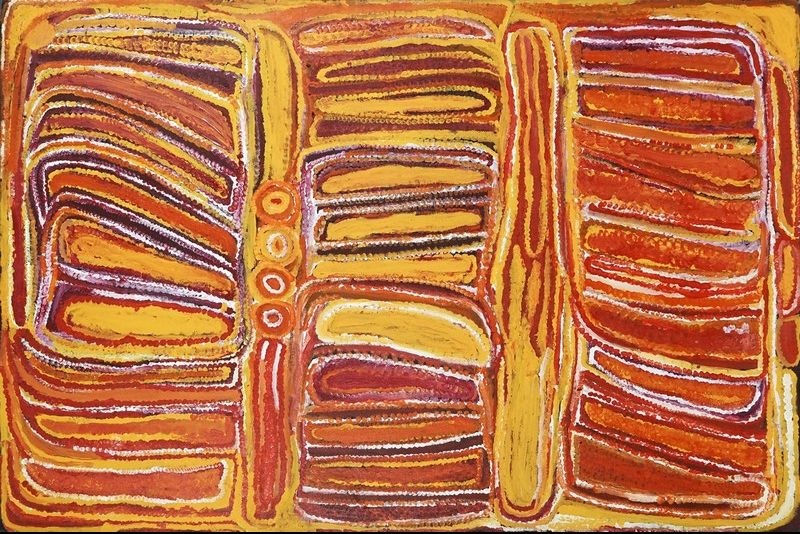 Canning Stock Route, Near Koonawarritji by Eubena Nampitjin, 1998 acrylic painting from Balgo, Western Australia.