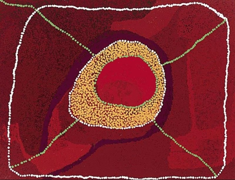 Umutju (2007) by Tommy Watson, synthetic polymer paint on canvas featuring a large concentric ochre and crimson form within deep red fields, bordered by white and green dotted pathways.