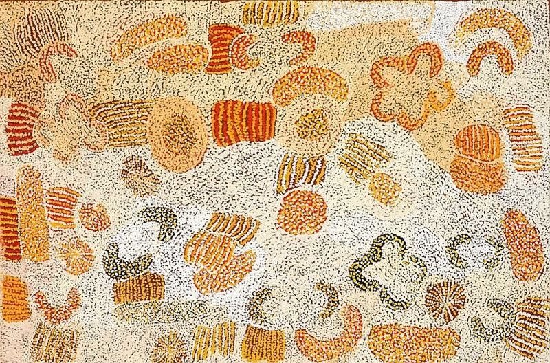 Parwalla (2003) by Elizabeth Nyumi, synthetic polymer paint on linen in white, cream, pale ochre, gold, orange, rust, brown, olive green and grey depicting the sandhills, spinifex and bush food Country of Parwalla in the Great Sandy Desert.