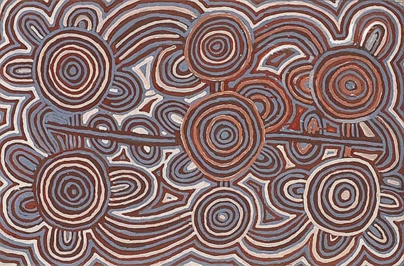 A tall rectangular Aboriginal painting in earthy tones of deep chocolate brown, reddish-brown, slate blue-grey, cream and white. Six large concentric circles dominate the composition, arranged in two rows across the canvas, each built from alternating rings of brown, blue-grey and white dots. The circles are connected by a single horizontal pathway running through the centre, while sweeping curved bands ripple around them like flowing water or contour lines on a map. Smaller oval and crescent-shaped forms fill the spaces between the larger circles, creating a balanced, symmetrical design. Fine white outlines brighten the darker colours, giving the painting depth and a gentle visual rhythm that draws the eye across the entire surface.