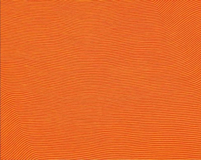 George Tjungurrayi Tingari Men at the Claypan Site of Mamuljulkanya 2000 Papunya Tula painting with fine reddish-brown parallel lines flowing across a vivid orange background