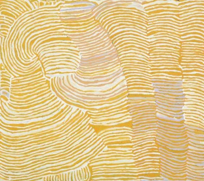 Travels of Kungka Kutjarra by Makinti Napanangka, 2001, synthetic polymer paint on linen, 152 × 122 cm.