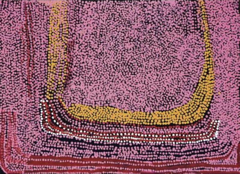 Kulpitjarra (2003) by Tommy Watson, synthetic polymer paint on canvas featuring a luminous pink field enclosed by yellow, white and maroon dotted bands in an abstract depiction of Country.