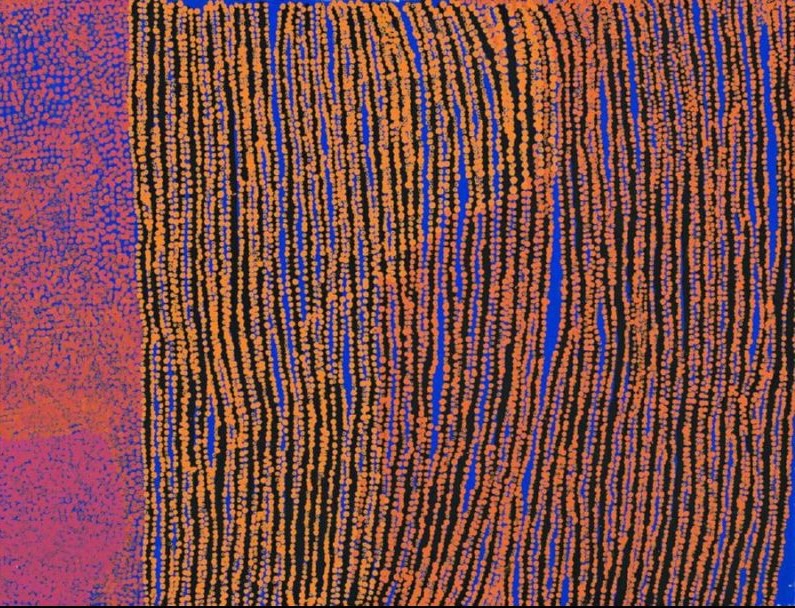 Pila Ngura (2005) by Tommy Watson, synthetic polymer paint on linen featuring vertical bands of orange dotting over deep blue and violet fields in an abstract representation of Country.
