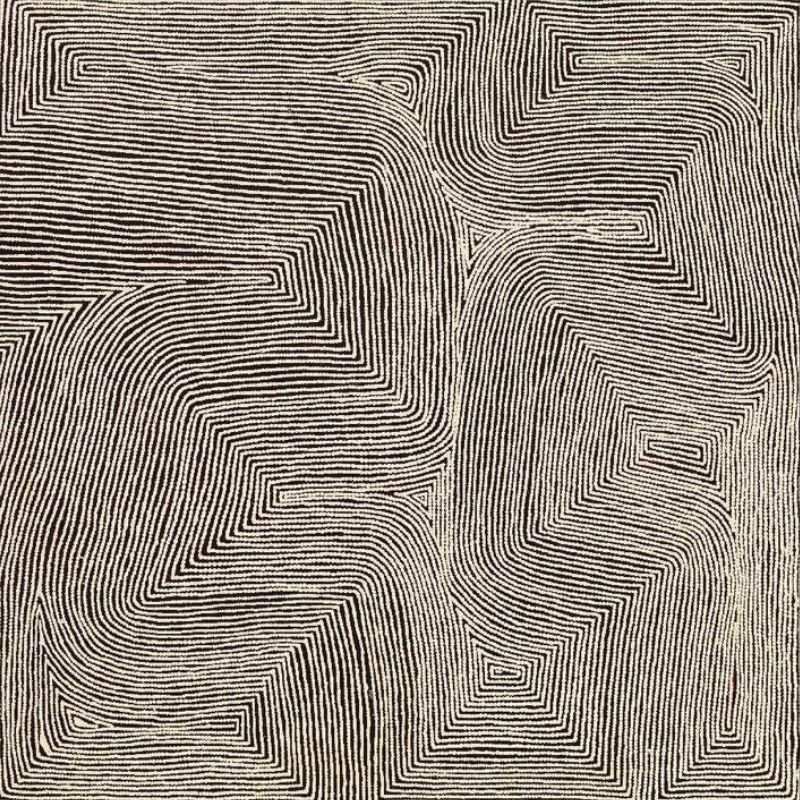 Untitled (Designs Associated with the Swamp Site of Marawa West of Wilkinkarra) by Warlimpirrnga Tjapaltjarri, 2005. A square painting in black and creamy white. Thousands of tiny white dots form tightly packed parallel lines that sweep across the canvas in broad curves, sharp angles and stepped geometric pathways. The lines converge and separate to create hidden triangular and rectangular forms, producing a shimmering optical effect reminiscent of wind-shaped desert dunes seen from above.