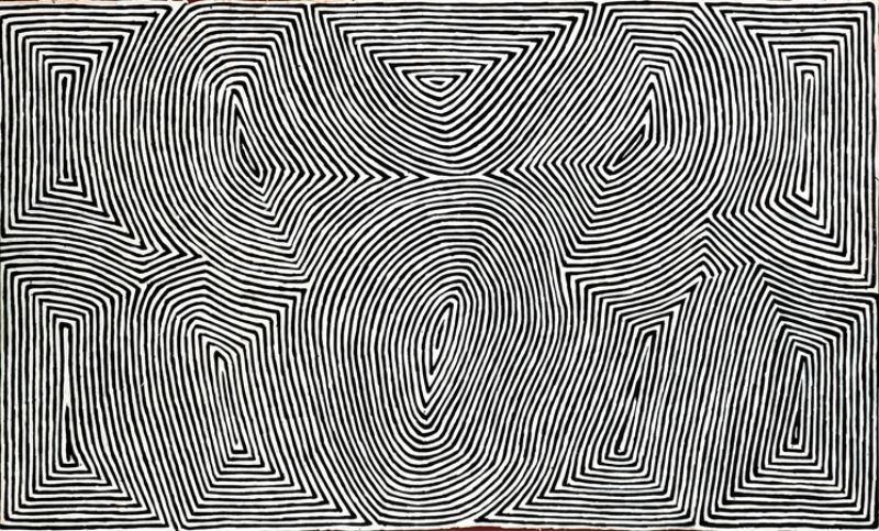 George Tjungurrayi Untitled 2004 Papunya Tula painting with bold black parallel lines forming interconnected geometric Tingari sites on a white background