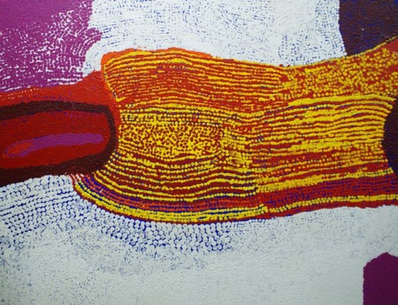 Untitled (2007) by Tommy Watson, acrylic on canvas featuring sweeping bands of yellow, ochre, crimson, white and violet in an abstract depiction of Western Desert Country.