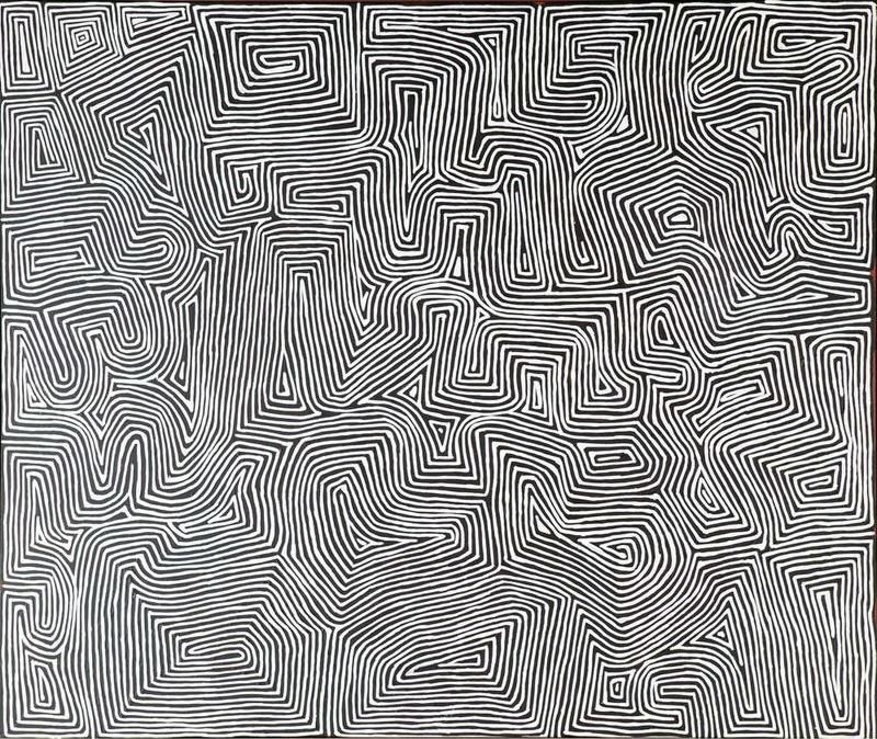 George Tjungurrayi Tingari Dreaming 2009 painting with bold black parallel lines forming an intricate network of interconnected geometric Tingari sites on a white background