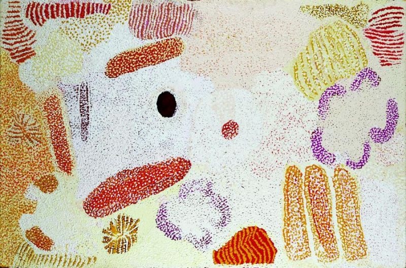 Parwalla (2001) by Elizabeth Nyumi, synthetic polymer paint on linen in white, cream, pale ochre, yellow, orange, red, mauve, pink and black depicting the sandhills and bush food Country of Parwalla in the Great Sandy Desert.
