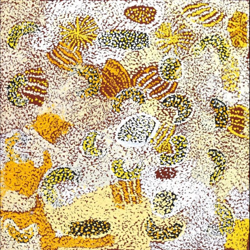 Parwalla (2007) by Elizabeth Nyumi, synthetic polymer paint on Belgian linen in white, cream, pale ochre, yellow, gold, orange, burgundy, brown, black and grey depicting the sandhills, spinifex and bush food Country of Parwalla in the Great Sandy Desert.