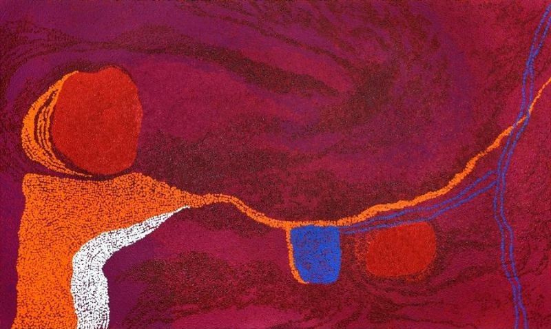 Iyarka, Adjacent to Mount Connor (2015) by Tommy Watson, acrylic on Belgian linen with deep crimson and purple fields intersected by vivid orange, blue and white forms representing the sacred landscape of Iyarka.
