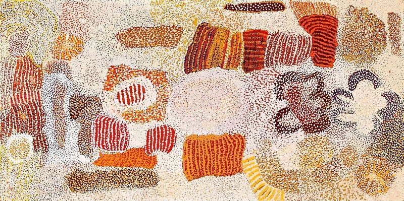Parwalla (2001) by Elizabeth Nyumi, synthetic polymer paint on linen in cream, white, ochre, orange, red, burgundy, mauve and grey depicting the sandhills and bush food Country of Parwalla in the Great Sandy Desert.