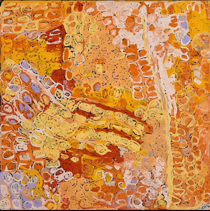 Untitled (Kungka Kutjarra – Two Women) by Makinti Napanangka, 1998, synthetic polymer paint on linen, 122 × 122 cm.