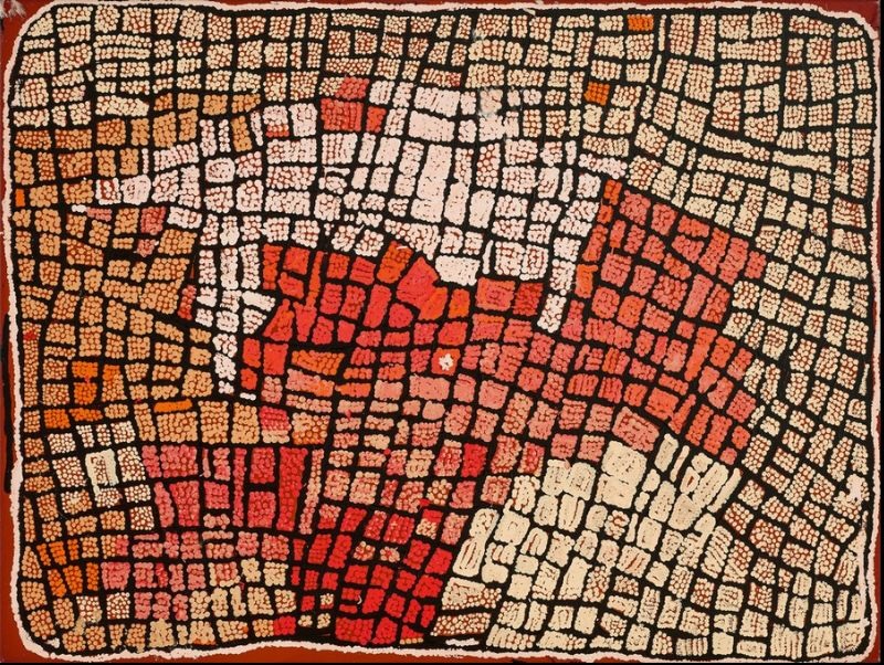 Naata Nungurrayi painting Marrapinti (2004), featuring an intricate network of cream, ochre, pink and red dotted ceremonial pathways across a black ground representing the Marrapinti landscape in Pintupi Country.