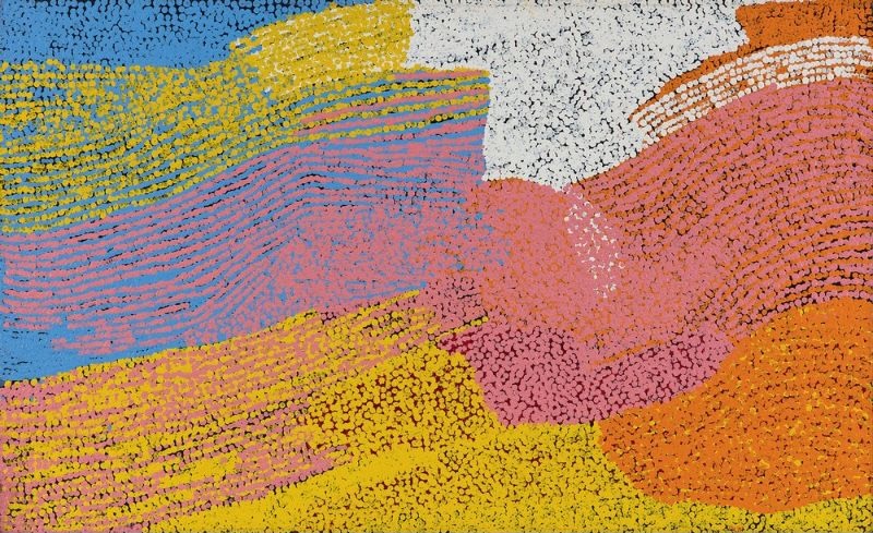 Utjuri Pukara (2007) by Tommy Watson, synthetic polymer paint on Belgian linen featuring flowing bands of yellow, pink, blue, orange and white in an abstract depiction of Western Desert Country.