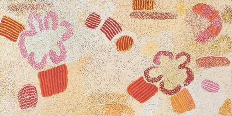 Parwalla (2001) by Elizabeth Nyumi, synthetic polymer paint on linen in cream, white, pale ochre, orange, red, pink, mauve and gold depicting the sandhills and bush food Country of Parwalla in the Great Sandy Desert.