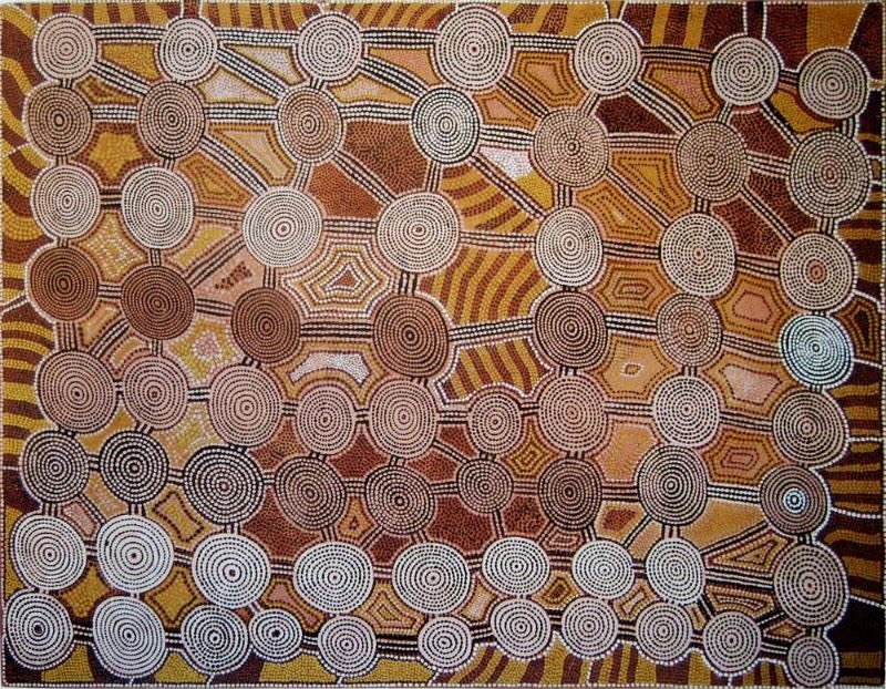 George Tjungurrayi Yatintjanga 1978 Papunya Tula painting depicting Tingari ceremonial sites connected by concentric circles and pathways