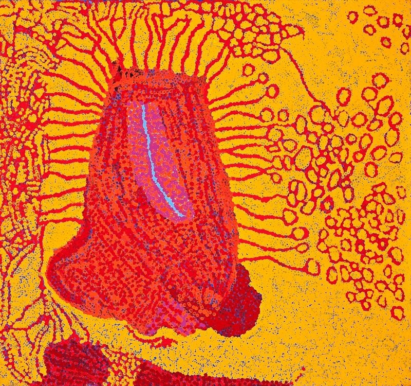 Utjuri Pukara (2010) by Tommy Watson, synthetic polymer paint on Belgian linen featuring a radiant crimson and magenta central form surrounded by brilliant yellow, orange and red dotted fields representing Western Desert Country.