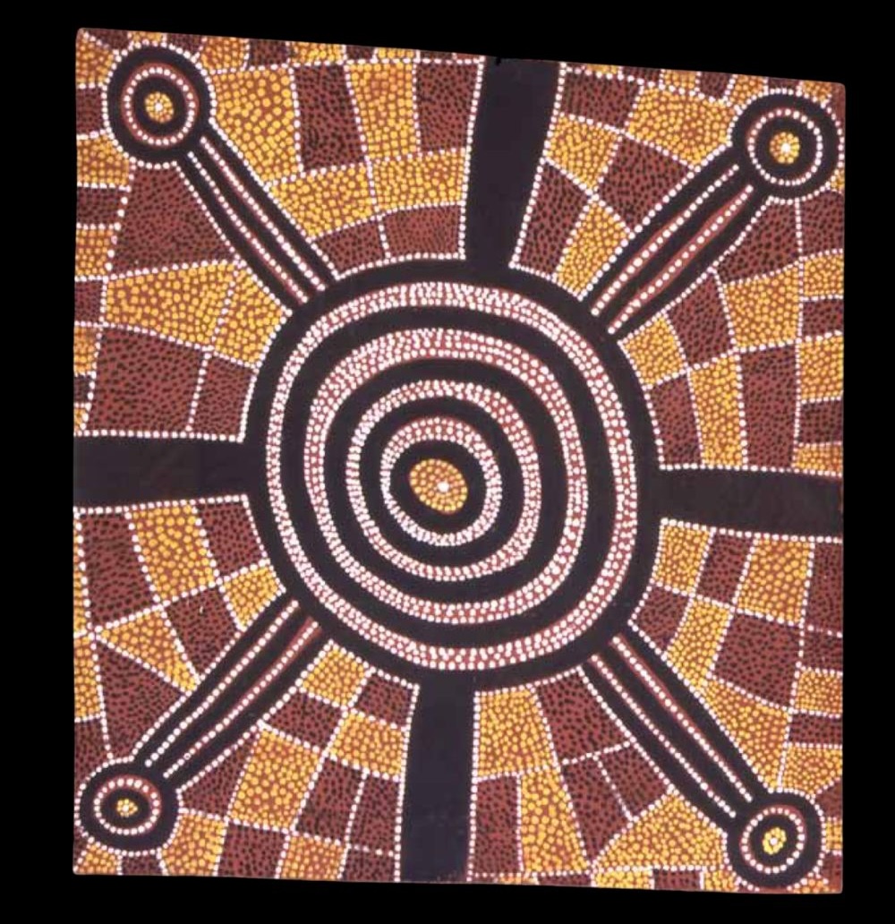 Tingarri Dreaming attributed to Uta Uta Tjangala, painted on composition board at Papunya around 1973–74, depicting the Tingarri ancestral journey and ceremonial camps of the Western Desert.