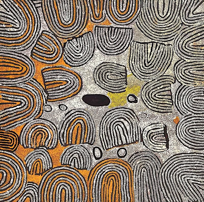 Untitled (2000) by Naata Nungurrayi, synthetic polymer paint on linen depicting rolling Pintupi sandhills through rhythmic concentric bands and delicate white dotting.
