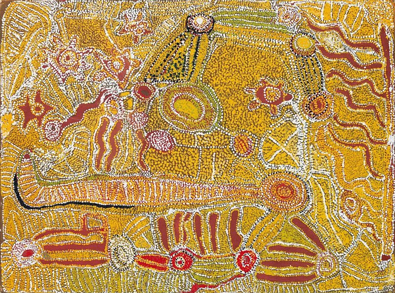 Travels of a Tingari Couple (1990) by Eubena Nampitjin depicting Tingari ancestors travelling between ceremonial sites across the Great Sandy Desert.
