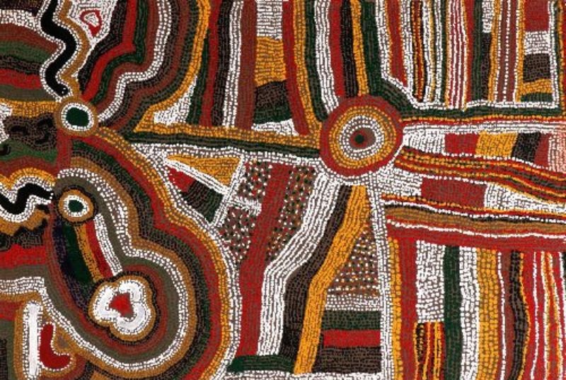 Ngungkupa (1991) by Elizabeth Nyumi, synthetic polymer paint on canvas depicting interconnected rockholes, travelling lines and ancestral Country in the early Balgo style.