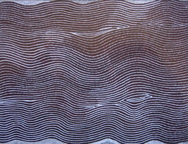 Untitled (Kanapilya) by Warlimpirrnga Tjapaltjarri, 1999, synthetic polymer paint on linen with finely painted white parallel Tingari lines flowing across a dark ground.