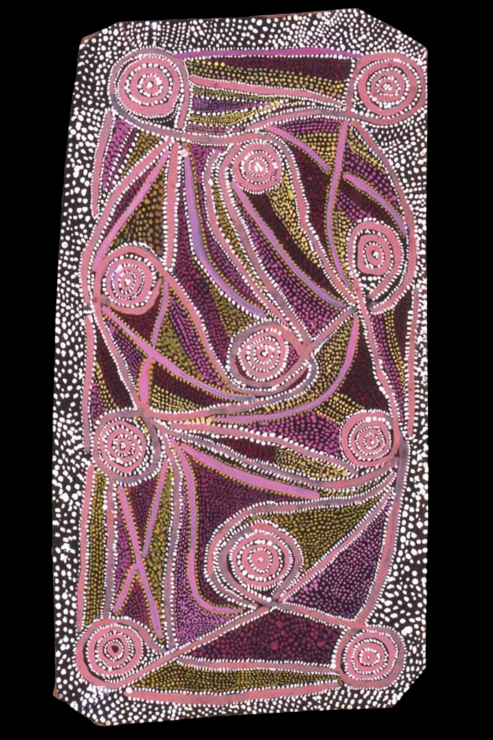 Original Papunya Board painted by Uta Uta Tjangala around 1971–72 on composition board, depicting the Tingarri Dreaming during the beginnings of the Western Desert Art movement.